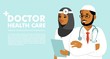 Medical background with muslim doctors characters. Web banner with team of islamic medicals staff. Health care and medicine concept.