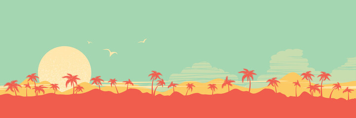 Tropical island paradise background with palms silhouette and sky