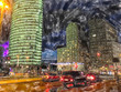 Watercolor illustration of Berlin Potsdamer Place with traffic jam during night time.
