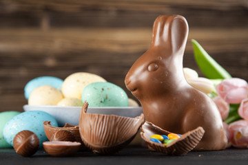 Wall Mural - Chocolate Easter bunny and eggs