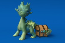 The Green Dragon Guards The Treasure. Cute Cartoon Character. 3d Rendering