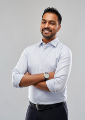 Poster - business, office worker and people concept - happy indian businessman in shirt over grey