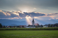 Sunbeams Shining Above Church, Lesce Near Bled, Upper Carniola, Slovenia