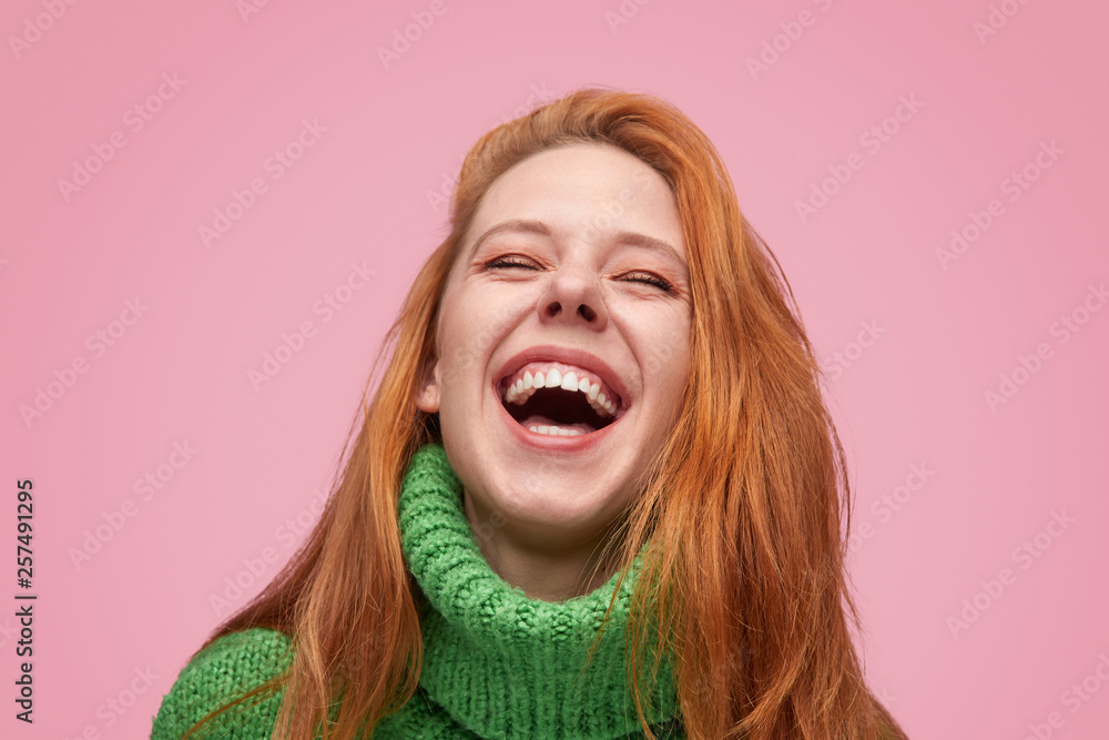 Wonderful laughing girl on pink background - obrazy, fototapety, plakaty 