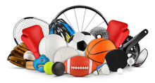 Huge Collection Stack Of Sport Goods And Balls Gear Bicycle Wheel Equipment From Various Sports Isolated White Background