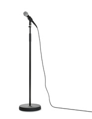 Stand with modern microphone on white background