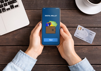Poster - Woman holding smartphone with digital wallet application