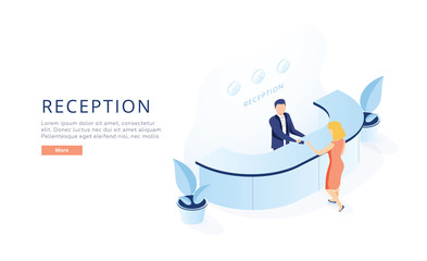 Hotel Reception Isometric Vector. Hotel Receptionist at Counter Welcoming Newly Arrived Guest with Luggage, Giving Key