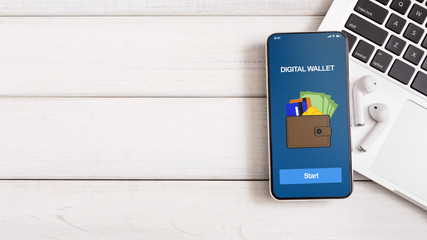Poster - Modern smartphone with digital wallet application and headphones