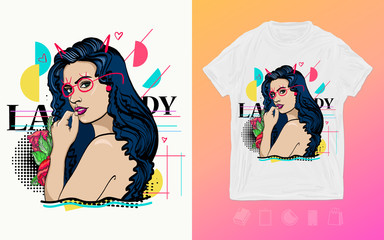 Fashion woman. Zine culture style. Elegant romantic girl. Print for t-shirts and another, trendy apparel design