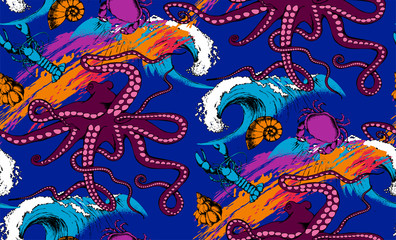  Pattern of octopus and sea voyages. Vector illustration. Suitable for fabric, wrapping paper and the like