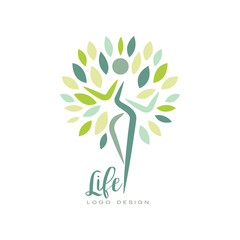 Sticker - Healthy life logo design with abstract silhouette of human and green leaves. Harmony with nature. Flat vector emblem for yoga studio or wellness center