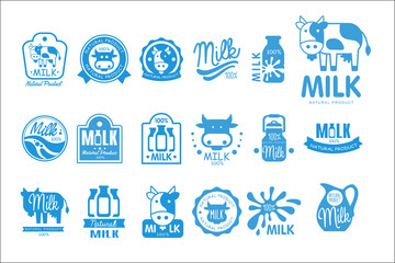 Sticker - Milk natural product logo set, dairy product labels collection vector Illustrations on a white background