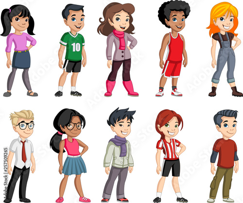 Group of cartoon young children. Teenagers.