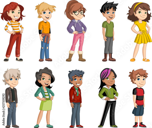 Group of cartoon young children. Teenagers.