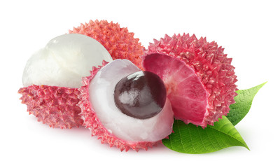 Isolated tropical fruits. Fresh peeled lychees isolated on white background with clipping path