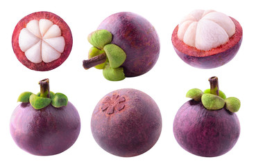 Poster - Isolated mangosteens.  Collection of whole and cut mangosteen fruits isolated on white background with clipping path