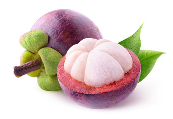 Fototapete - Isolated mangosteens. Two whole mangosteen fruit and a half isolated on white background with clipping path