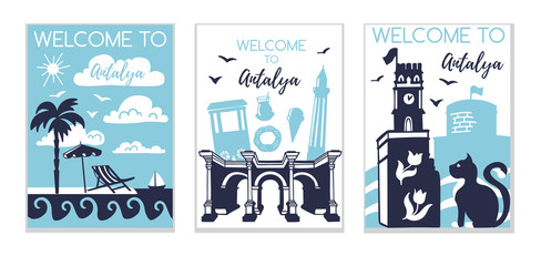 Wall Mural - Welcome to Antalya. Travel to Turkey concept. Set of three vector illustrations with silhouette symbols of Antalya in modern flat style. Card, poster, flier, print design for travel promotion.