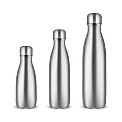 Wall Mural - Vector Realistic 3d Silver Empty Glossy Metal Reusable Water Bottle Set with Silver Bung Closeup on White Background. Different Size. Design Template of Packaging for Mock up, Advertising. Front View