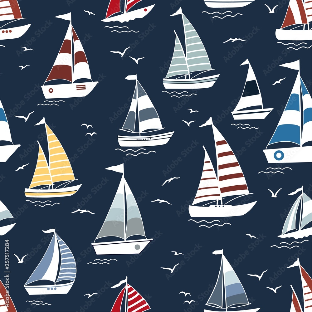 Marine seamless pattern with cartoon boats on waves Stock Vector ...