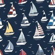 Marine seamless pattern with cartoon boats on waves
