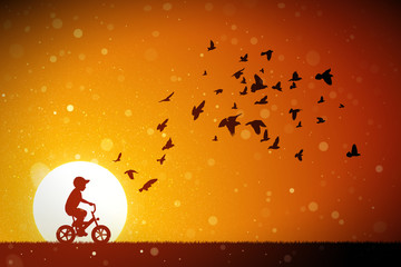 Sticker - Boy on bike and pigeons at red sunset. Vector conceptual illustration with silhouettes of child on bicycle and flocks of birds in park. Summer bright landscape with setting sun and flying fluff