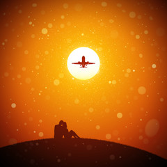 Sticker - Lovers and flying aircraft at red sunset. Vector conceptual illustration with silhouette of couple sitting on hill in park. Summer bright landscape with setting sun and flying fluff.