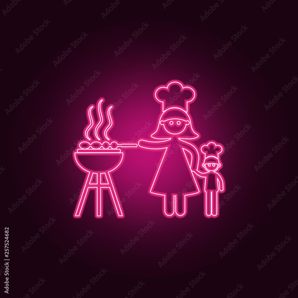 mother cooks barbecue icon. Elements of Family in neon style icons ...