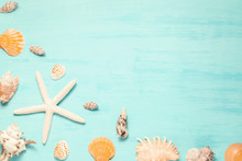 Blue Sea Background With Copy Space And Seashell Border, Summer Holiday And Vacation Concept