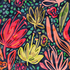 Vector seamless tropical pattern with bright minimalistic flowers on dark background, vivid colors floral summer print design. Botanical hand drawn repeatable backdrop.