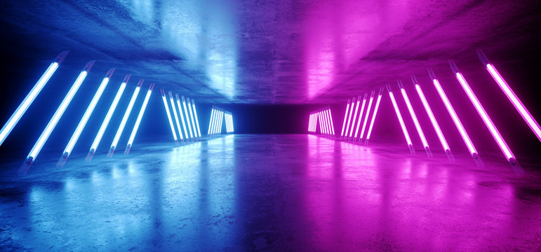 Cement Futuristic Sci Fi Neon Glowing Laser Fluorescent Retro Blue Purple Vibrant Tunnel Corridor Dark Empty Grunge Concrete Reflections Way Gateway Club Underground Virtual 3D Rendering