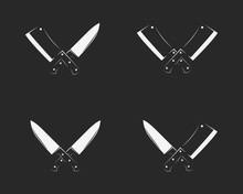 Meat Knives Set. Chef’s And Cleaver Knife Isolates On Black Background. Design Elements For Meat Shop, Restaurant, Market Logo. Vector Elements