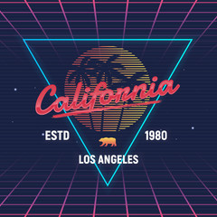 Wall Mural - california retro futuristic glow logo. 80's style beach palm and retro sun. vector print for t-shirt