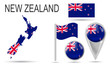 © Nick Julia - NEW ZEALAND. Flag, map pointer, button, waving flag, symbol, flat icon and map of country in the colors of the national flag. Vector illustration of collection of national symbols on various objects