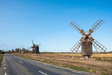 Sweden, Oeland, Windmills At Road