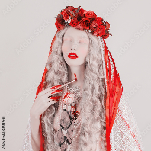 Gothic Blonde Woman Vampire In Flower Wreath With Pale Skin And