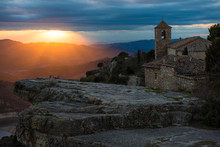 Sunrise Over Rocky Ledge And Stone Church, Margalef, Catalunya, Spain