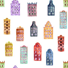 Seamless Pattern Of Watercolor Old Europe Houses