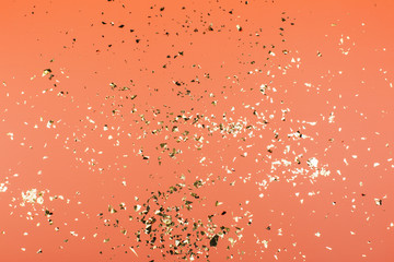 Wall Mural - Golden sparkles on coral pastel trendy background. Festive backdrop for your projects.