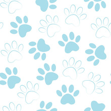 Paw Blue Print Seamless. Vector Illustration Animal Paw Track Pattern. Backdrop With Silhouettes Of Cat Or Dog Footprint.
