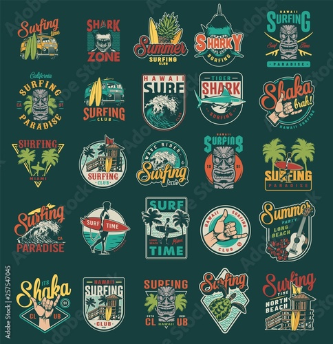 Vintage summer surfing labels set
