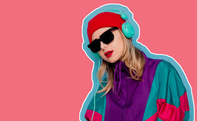 Wall Mural - woman in red hat, sunglasses and suit of 90s with headphones