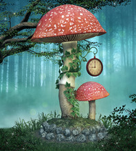 Big Red Mushroom With Ivy Around Its Stem - 3D Illustration