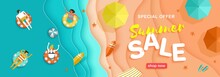 Summer Sale Seasonal Horizontal Banner With Beach, Sea Waves, Sand, Bathing And Playing Beach Volleyball People In Style Cut Out Of Paper, Multi-layered Effect Vector Illustration