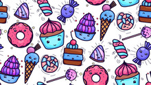 Seamless Texture With Cute, Kawai Sweets And Confection On White Background. Vector Pattern For Textiles, Fabrics, Wrapping Paper, Cards And For Your Design