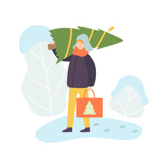 Wall Mural - Man Wearing Warm Winter Clothes Carrying Christmas Tree On His Shoulder Vector Illustration