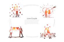 Love Couple - Loving Romantic Couple Walking Outdoor And Hugging Each Other Vector Concept Set