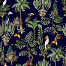 Seamless Pattern With Exotic Trees And Animals. Interior Vintage Wallpaper.