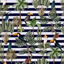 Seamless Pattern With Exotic Trees And Animals. Interior Vintage Wallpaper.